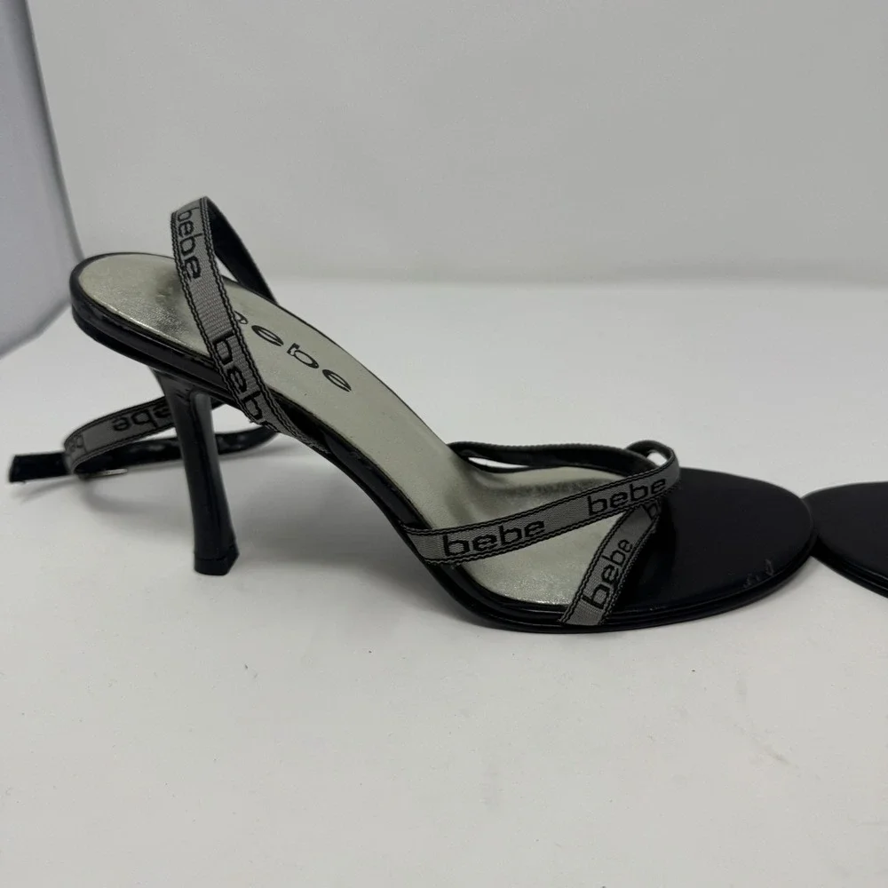 Bebe Y2K Logo Monogram‎ Strappy Sandals Womens 6M Black Silver Stiletto Heel